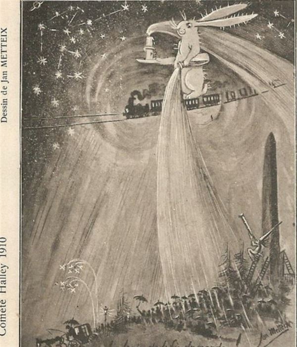 Открытка 1910 года с карикатурой, высмеивающей панику вокруг кометы