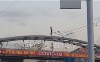 Очевидцы засняли экстремала, идущего на руках над проезжей частью в Алматы