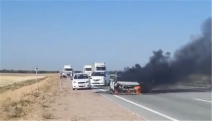 На трассе возле Алматы загорелась машина - видео