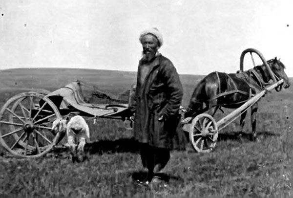 Казахский бедняк везет овцу в качестве взятки начальству. Конец XIX — начало ХХ века