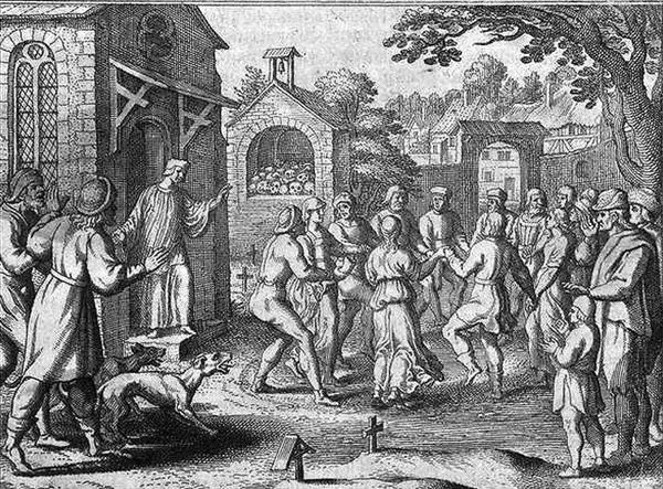 Гравюра 1375-го года, описывающая события в Кёльне, случившиеся годом ранее. Описания случаев массовой истерии встречается у многих летописцев средневековой Европы